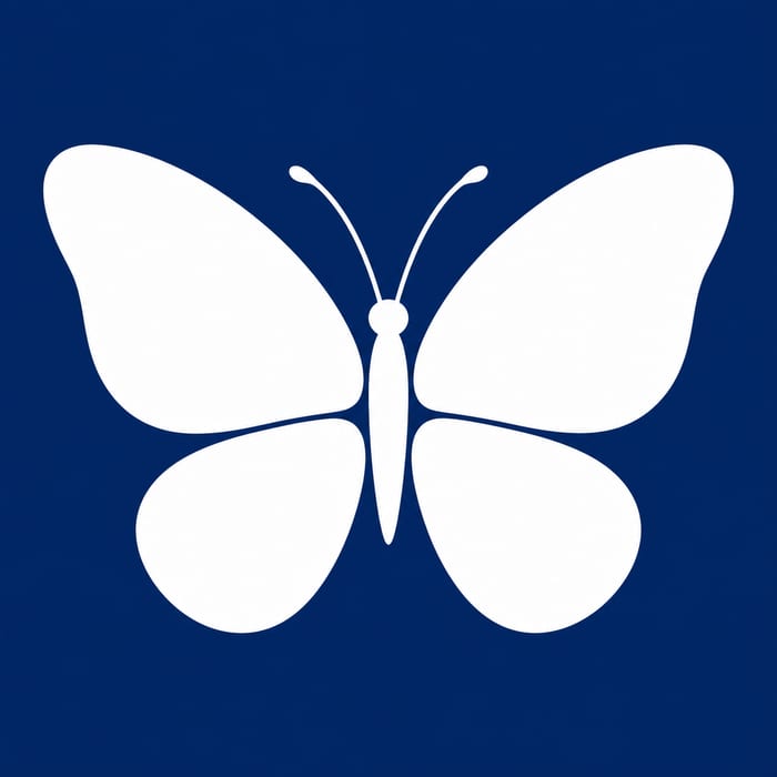 Minimal white butterfly with unmarked rounded wings, a slender body and curved antennae on navy blue.